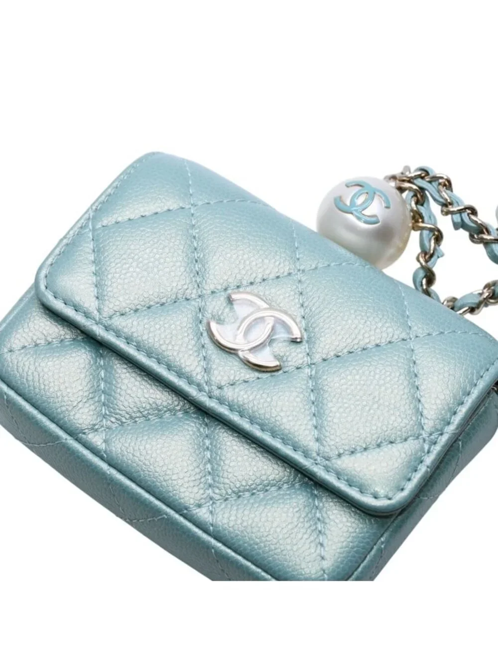 Chanel Quilted Chain Flap Coin Purse CC Logo Caviar Leather
